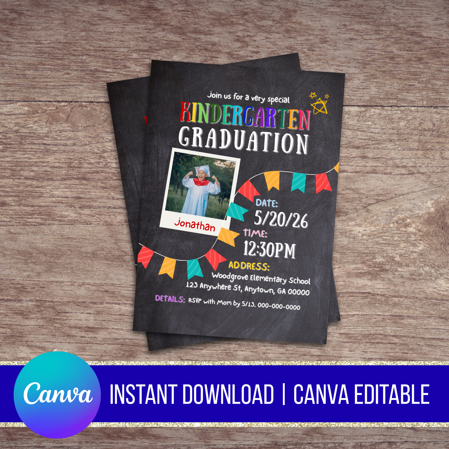 Chalk Board (Kindergarten) Graduation Invitation Canva Instant Download