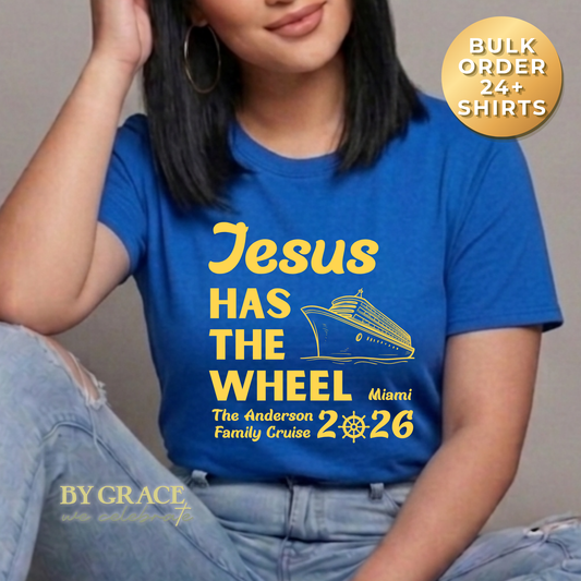 Custom Jesus Has the Wheel Cruise Matching T-Shirt | Bulk Wholesale Order