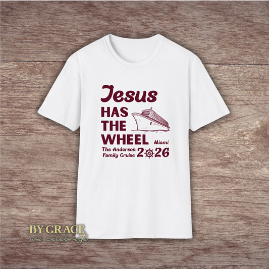 Custom Jesus Has the Wheel Cruise Matching T-Shirt | Bulk Wholesale Order